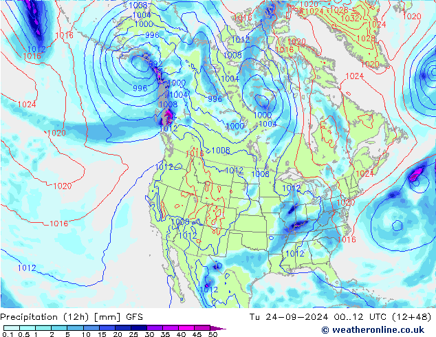 Totale neerslag (12h) GFS di 24.09.2024 12 UTC