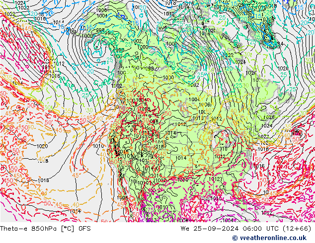 Theta-e 850hPa GFS Mi 25.09.2024 06 UTC