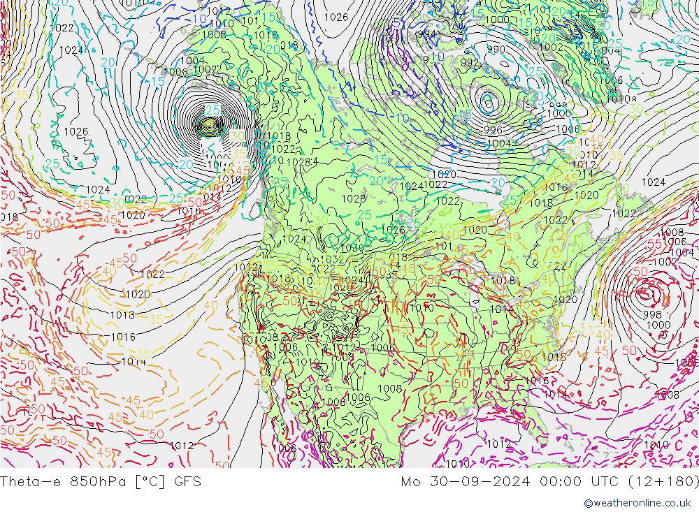 Theta-e 850hPa GFS pon. 30.09.2024 00 UTC