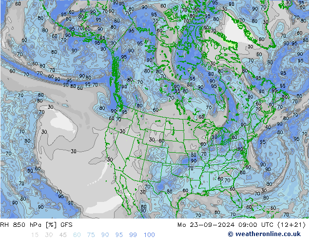 RH 850 hPa GFS Mo 23.09.2024 09 UTC