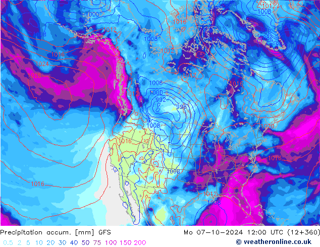 Precipitation accum. GFS Mo 07.10.2024 12 UTC