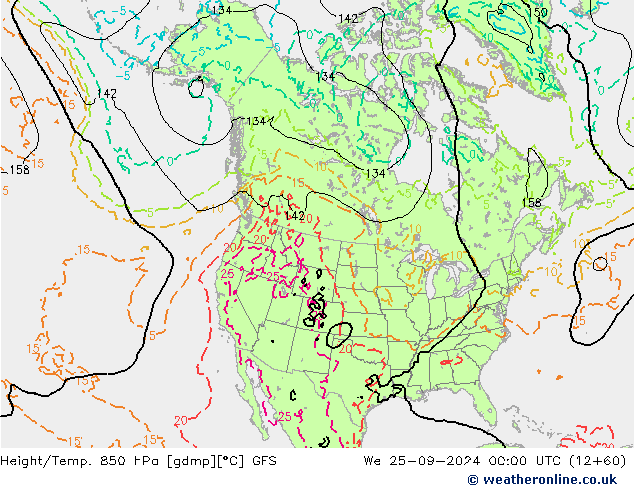 Geop./Temp. 850 hPa GFS mié 25.09.2024 00 UTC