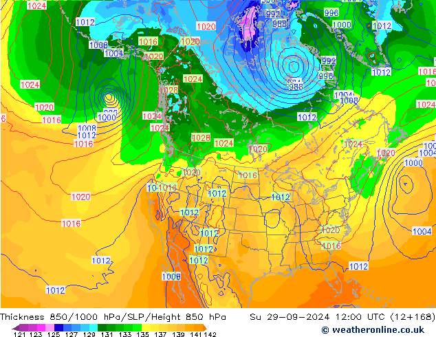 Espesor 850-1000 hPa GFS dom 29.09.2024 12 UTC