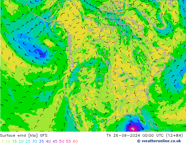 wiatr 10 m GFS czw. 26.09.2024 00 UTC