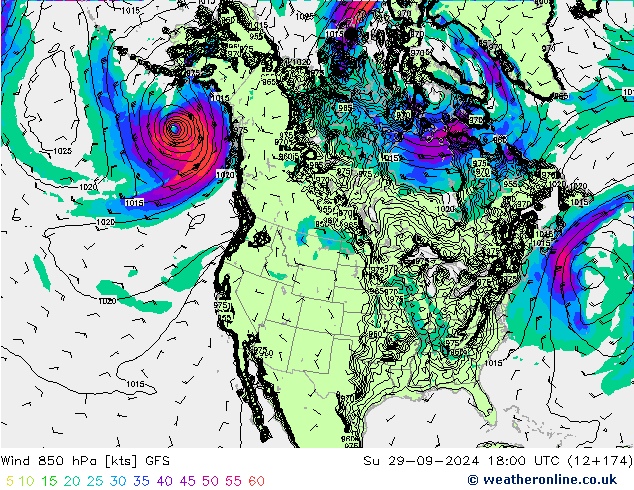 Rüzgar 850 hPa GFS Paz 29.09.2024 18 UTC