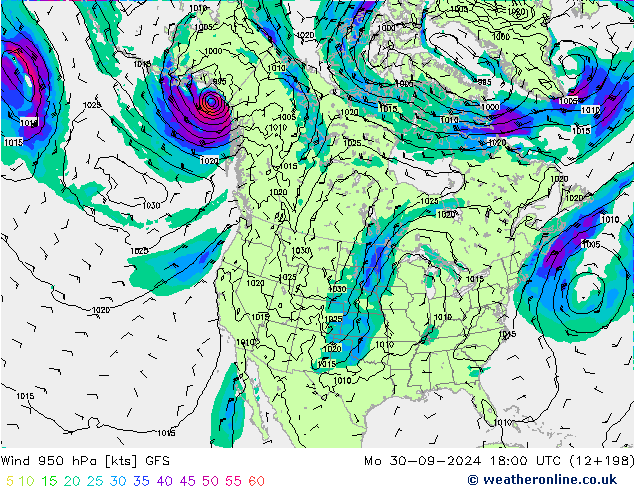 Vento 950 hPa GFS lun 30.09.2024 18 UTC