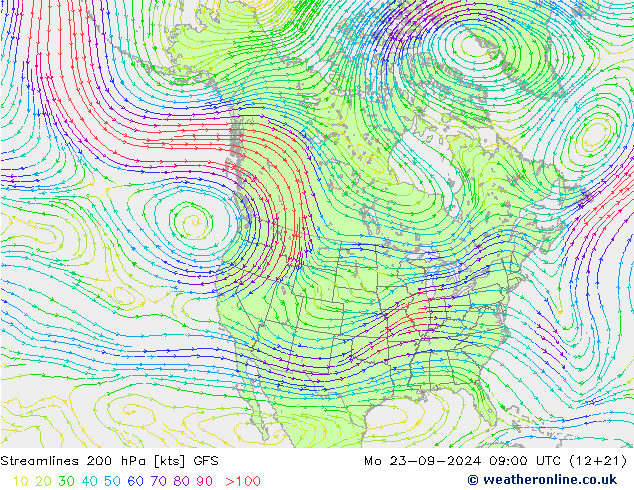 Streamlines 200 hPa GFS Po 23.09.2024 09 UTC