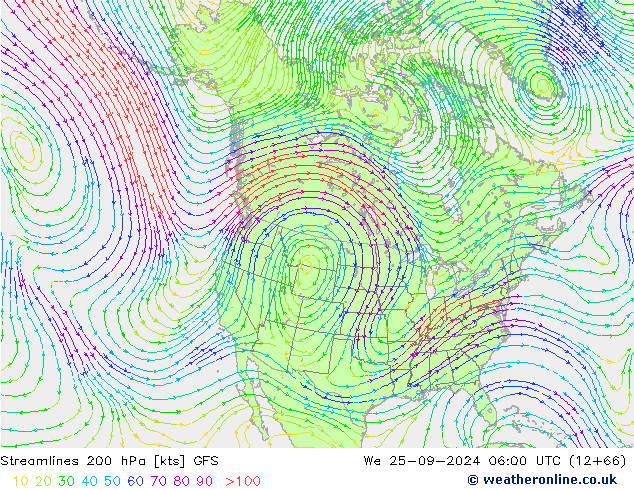 Stroomlijn 200 hPa GFS wo 25.09.2024 06 UTC