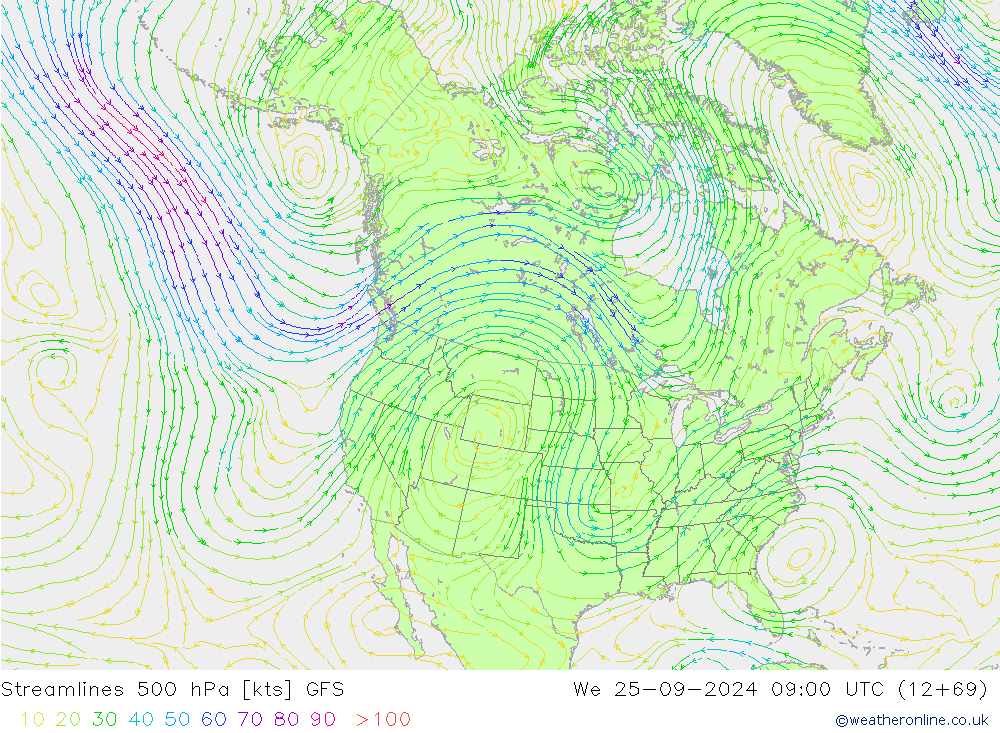 Ligne de courant 500 hPa GFS mer 25.09.2024 09 UTC