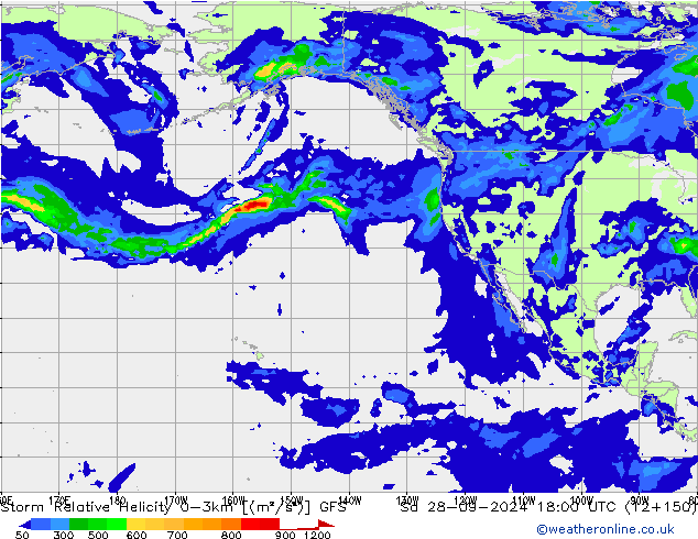 Storm Relative Helicity GFS sab 28.09.2024 18 UTC