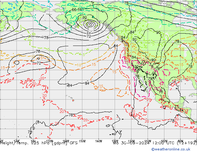 Height/Temp. 925 hPa GFS lun 30.09.2024 12 UTC