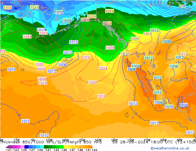 Espesor 850-1000 hPa GFS sáb 28.09.2024 18 UTC