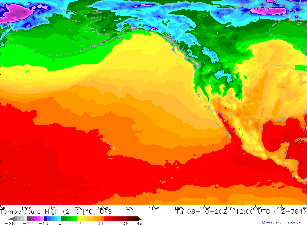 température 2m max GFS mar 08.10.2024 12 UTC