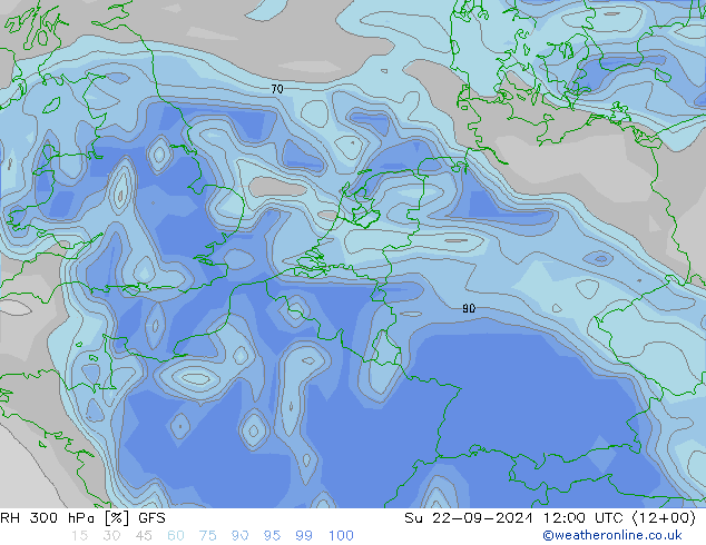 RH 300 hPa GFS Su 22.09.2024 12 UTC