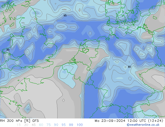 RH 300 hPa GFS Mo 23.09.2024 12 UTC