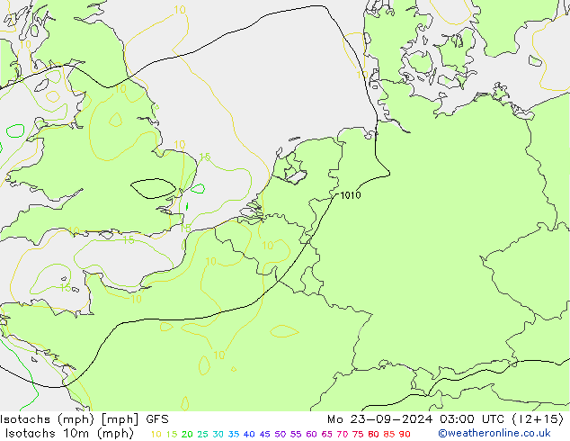 Isotaca (mph) GFS lun 23.09.2024 03 UTC