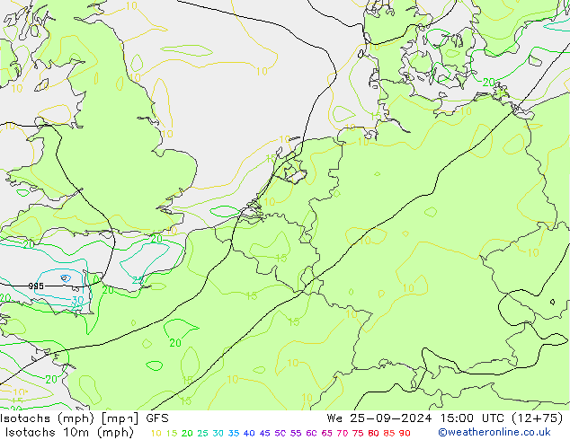 Izotacha (mph) GFS śro. 25.09.2024 15 UTC