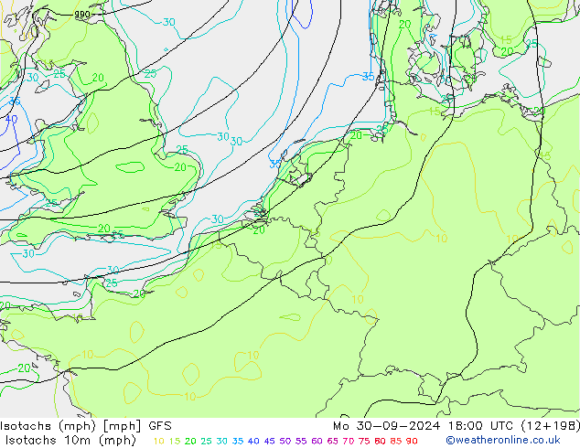 Isotachs (mph) GFS lun 30.09.2024 18 UTC