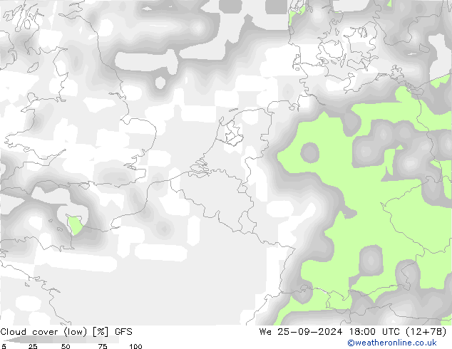 Cloud cover (low) GFS We 25.09.2024 18 UTC