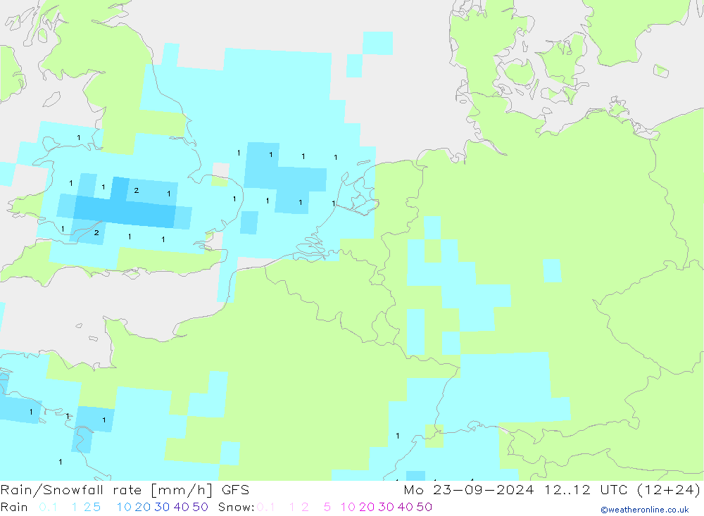 Rain/Snowfall rate GFS пн 23.09.2024 12 UTC