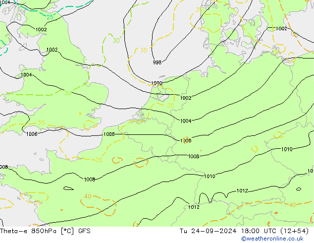 Theta-e 850hPa GFS Út 24.09.2024 18 UTC