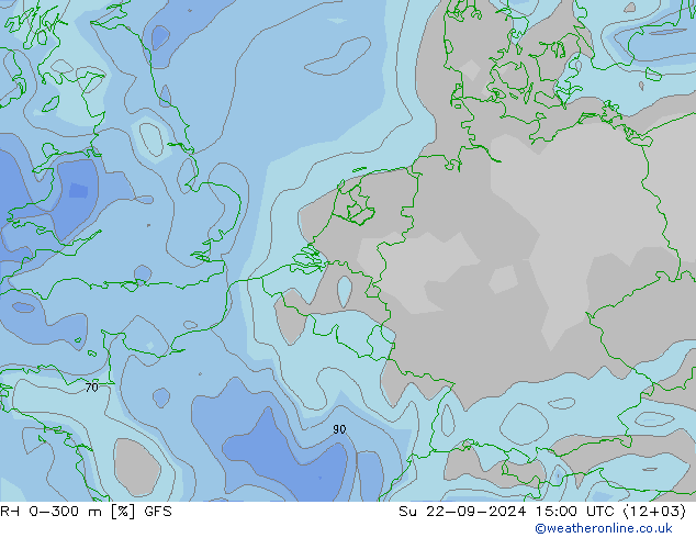 Humedad rel. 0-300m GFS dom 22.09.2024 15 UTC