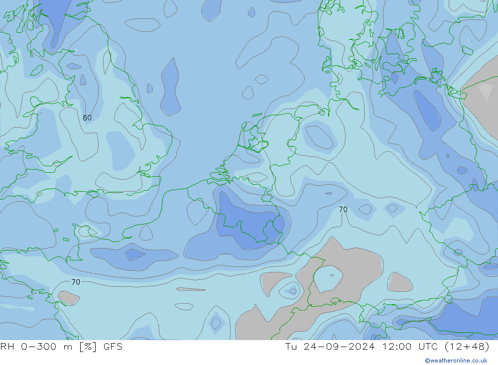 RH 0-300 m GFS Út 24.09.2024 12 UTC