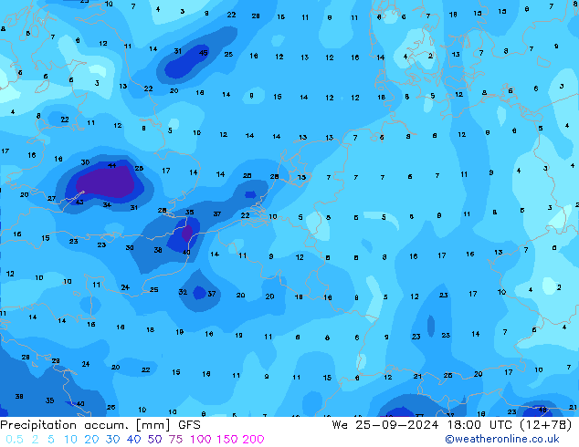 Précipitation accum. GFS mer 25.09.2024 18 UTC