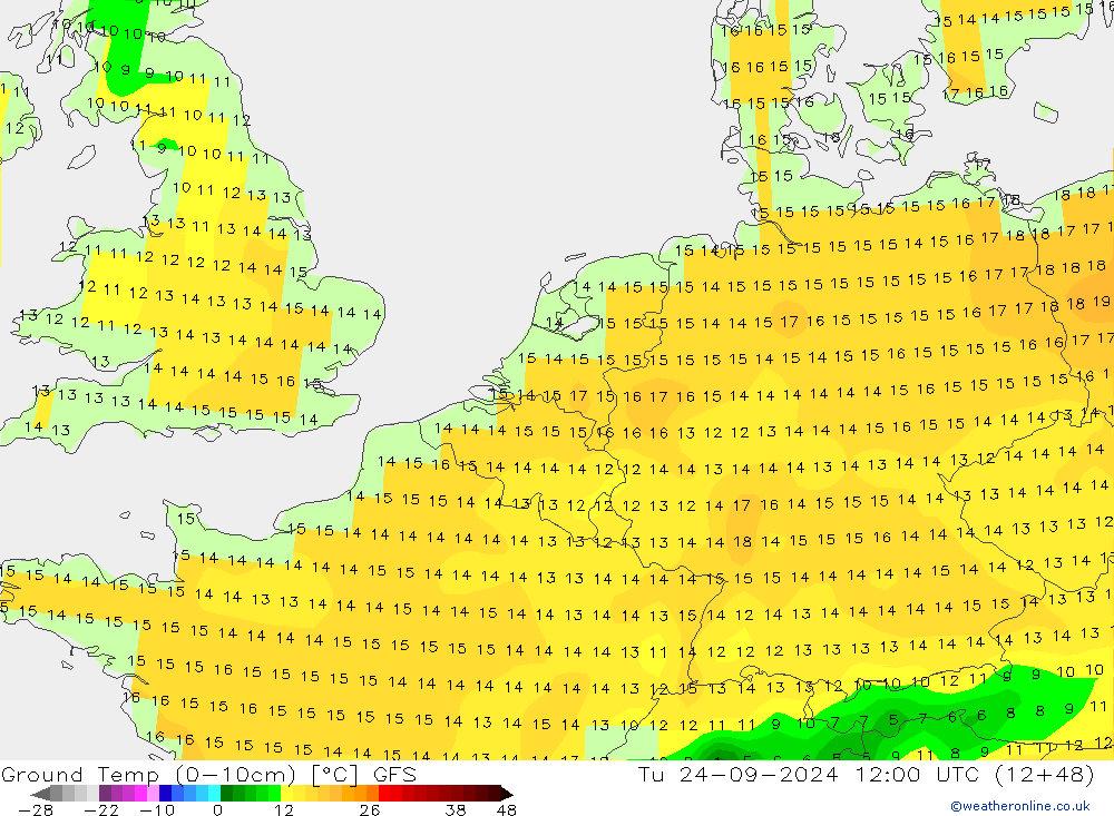 Ground Temp (0-10cm) GFS Tu 24.09.2024 12 UTC