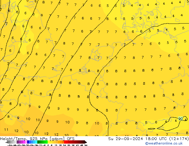 Height/Temp. 925 hPa GFS Ne 29.09.2024 18 UTC