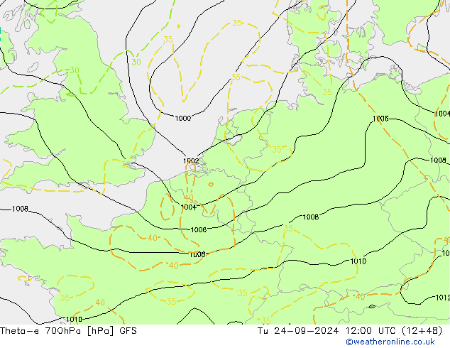 Theta-e 700hPa GFS Tu 24.09.2024 12 UTC