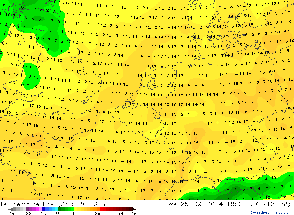 temperatura mín. (2m) GFS Qua 25.09.2024 18 UTC