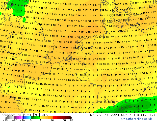 Temperaturkarte (2m) GFS Mo 23.09.2024 00 UTC