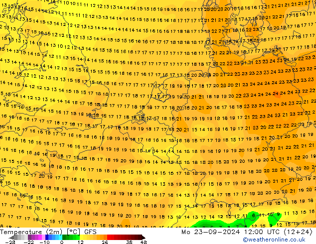 Temperaturkarte (2m) GFS Mo 23.09.2024 12 UTC