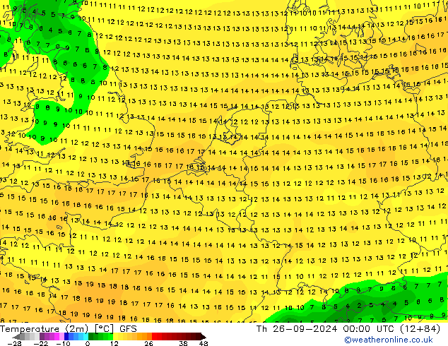 Temperature (2m) GFS Th 26.09.2024 00 UTC