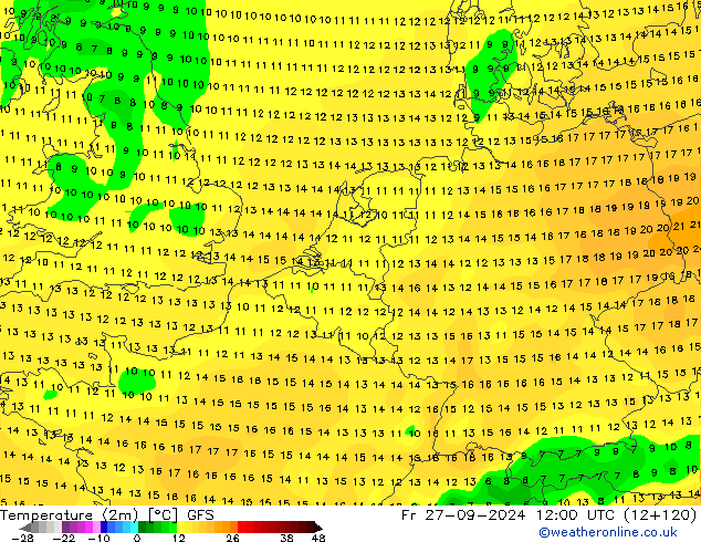 Temperature (2m) GFS Fr 27.09.2024 12 UTC