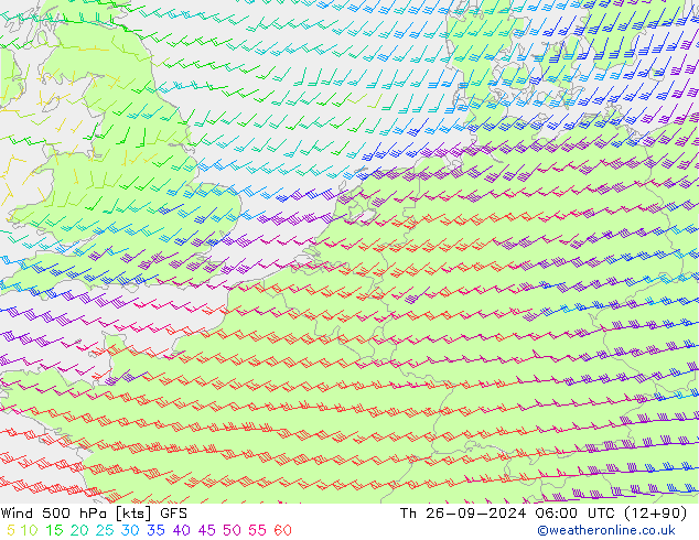 Wind 500 hPa GFS Čt 26.09.2024 06 UTC