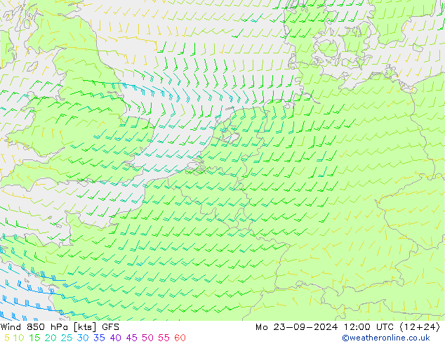 Viento 850 hPa GFS lun 23.09.2024 12 UTC