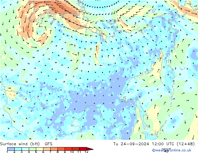 Surface wind (bft) GFS Září 2024