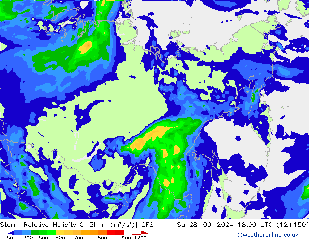 Storm Relative Helicity GFS Sa 28.09.2024 18 UTC