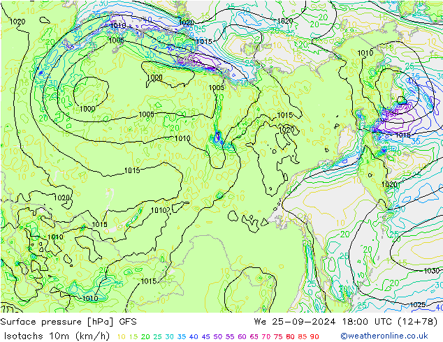 Isotachs (kph) GFS Qua 25.09.2024 18 UTC