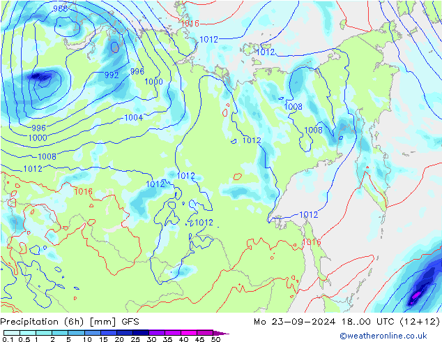 Z500/Rain (+SLP)/Z850 GFS lun 23.09.2024 00 UTC