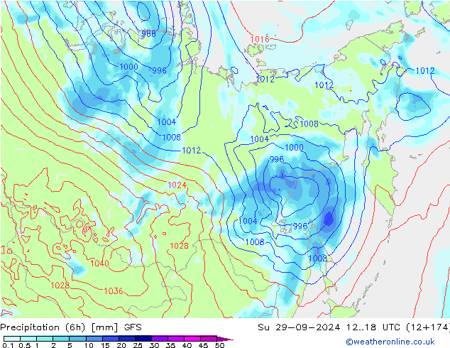 Precipitation (6h) GFS Su 29.09.2024 18 UTC