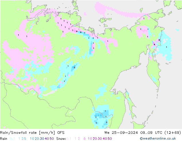 Rain/Snowfall rate GFS Qua 25.09.2024 09 UTC