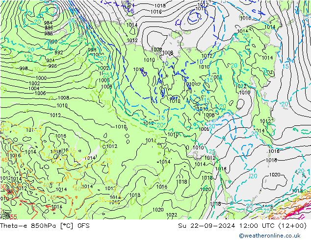 Theta-e 850hPa GFS dom 22.09.2024 12 UTC