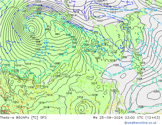 Theta-e 850hPa GFS mer 25.09.2024 03 UTC