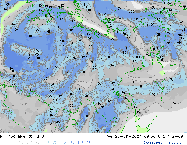 700 hPa Nispi Nem GFS Çar 25.09.2024 09 UTC