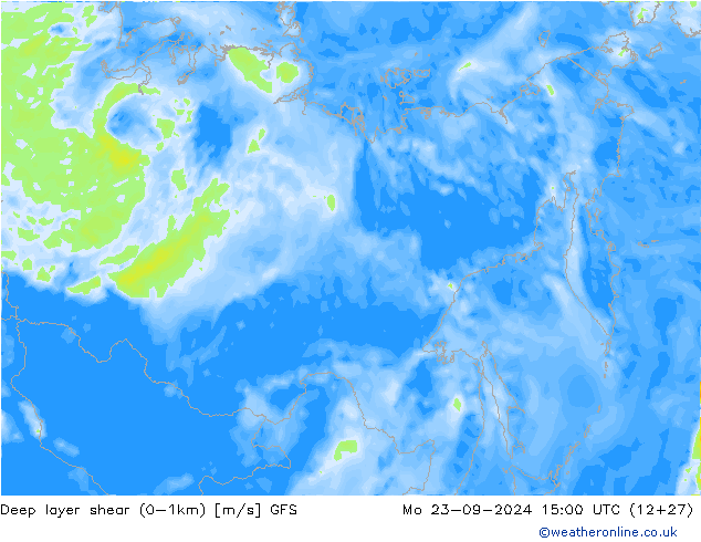 Deep layer shear (0-1km) GFS Mo 23.09.2024 15 UTC