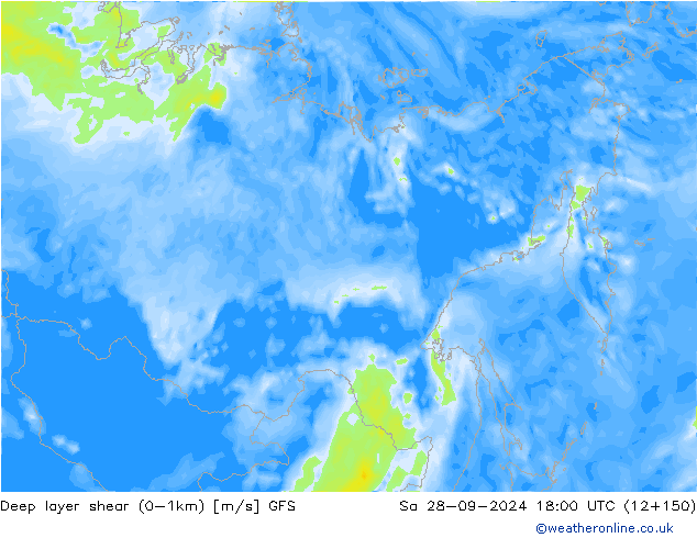 Deep layer shear (0-1km) GFS Sa 28.09.2024 18 UTC