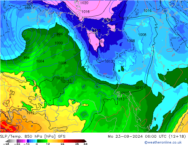 SLP/Temp. 850 hPa GFS Seg 23.09.2024 06 UTC